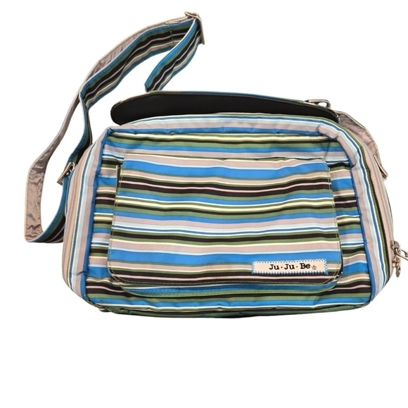 JU JU BE BETTER BEE STRIPED MESSANGER DIAPER BAG WITH CHANGING PAD. - Picture 1 of 11